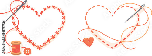 Sewing Love Art. Needle and thread motifs forming romantic heart outlines with handmade warmth, modern flat vector illustration