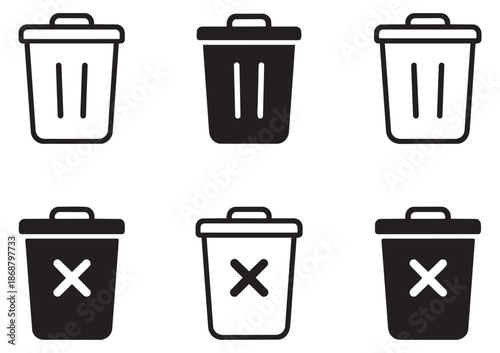 Modern trash can and delete icon set featuring six variations of bin and delete symbols for user interface design