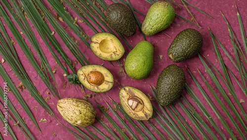 Avocados and Palm Leaves on a Green Background in a Kitchen Setting