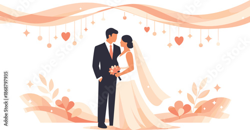 Modern Wedding Illustration. Minimal bride and groom figures standing together beneath flowing decorative elements, modern flat