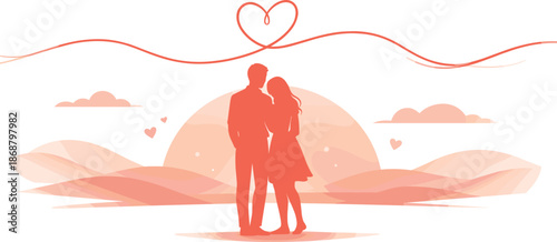 Eternal Love Silhouettes. Romantic couple silhouettes standing together beneath a continuous flowing line of connection, modern