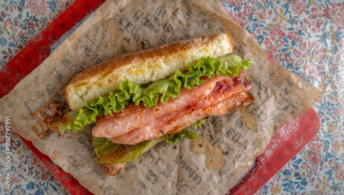 Sandwich With Lettuce and Ham on a Paper and Floral Tablecloth at a Casual Di...