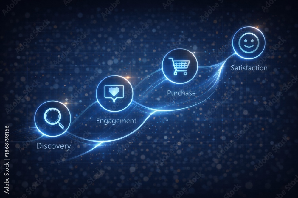 Obraz premium Digital illustration of a customer journey path visualized through connected icons representing discovery, engagement, purchase, and satisfaction. Flowing lines and glowing interface elements illustra