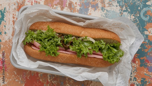 Sandwich With Lettuce and Ham on a Paper and Floral Tablecloth at a Casual Di...