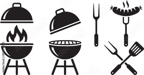 BBQ grill icon set. Barbecue, bar-b-q, spatula, grill fork, picnic, fire - stock vector.