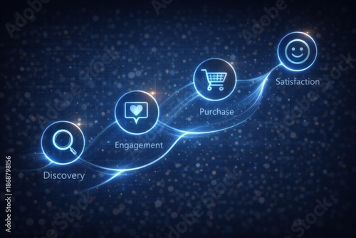 Digital illustration of a customer journey path visualized through connected icons representing discovery, engagement, purchase, and satisfaction. Flowing lines and glowing interface elements illustra