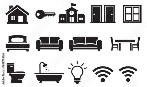 Minimalist solid icon home and property set featuring buildings, furniture, home essentials, and smart technology symbols for real estate, residential services, and modern living