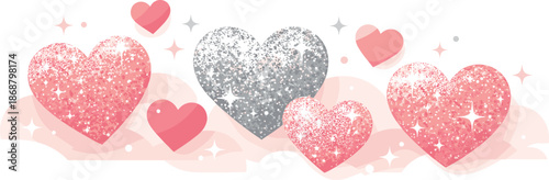 Floating Glitter Hearts. Floating glitter hearts arranged in a dreamy romantic composition with luminous highlights, modern flat