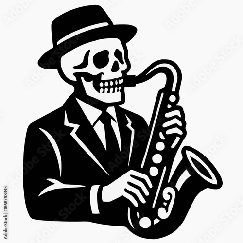 Stylish skeleton jazz musician playing saxophone with flair