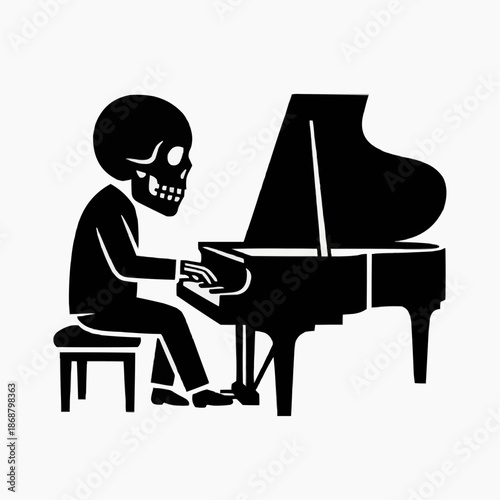 Skeleton playing grand piano with spooky elegance and musical flair