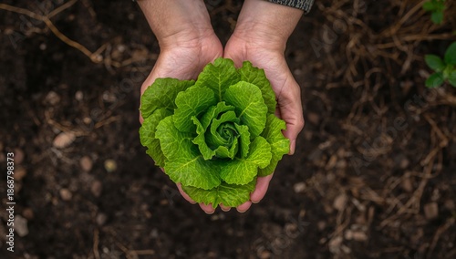 Person Holds Large Green Plant With Care in Hands Above Soil in Garden During...