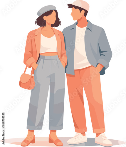 Fashionable Couple Silhouettes. Trendy duo standing side by side showcasing harmonious clothing shapes and balanced silhouettes,