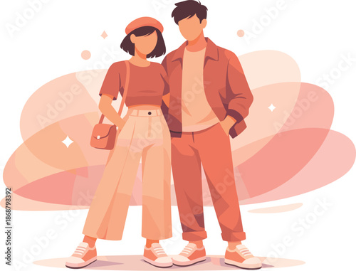 Fashion Unity Duo. Stylish duo standing side by side in coordinated clothing shapes expressing unity and fashion harmony, modern