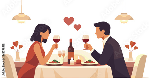 Romantic Anniversary Dinner. Romantic anniversary dinner scene illustrated through minimal figures, table setting, and intimate