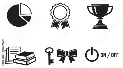 Simple solid icon set featuring a pie chart, a ribbon award, a trophy, books and documents, a key, and a power button for diverse conceptual applications