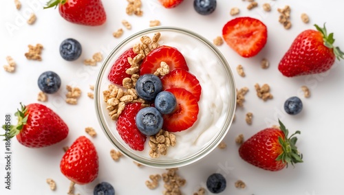 Delicious Yogurt With Strawberries and Blueberries on a White Surface