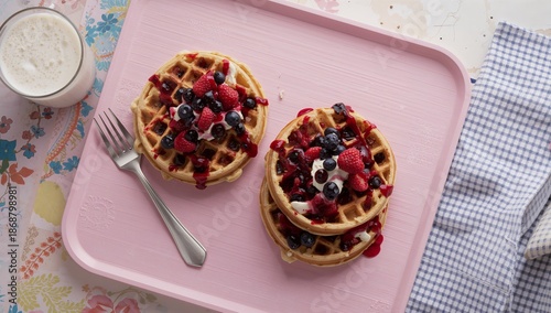Waffles Topped With Berries Served on a Tray With Flowers and a Cup of Coffee...