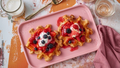 Waffles Topped With Berries and Cream Placed on a Pink Tray Beside a Glass of...
