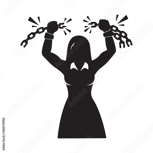 Silhouette of a woman breaking chains symbolizing freedom and empowerment