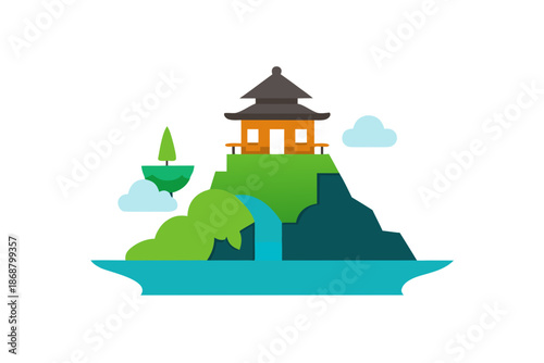 Waterfall Beside a Traditional Tea Pavilion on Da