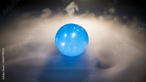 Mysterious blue sphere floating amidst swirling fog and light effects enhancing its surreal