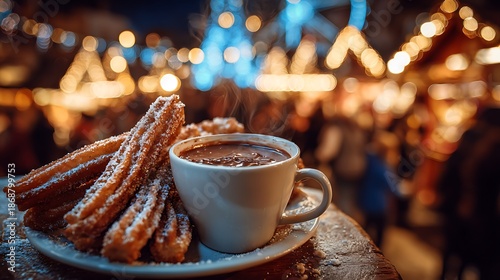 Close-up of churros and hot chocolate, a classic pairing, in festive outdoor setting