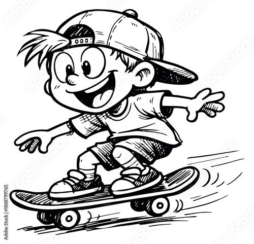 Hand drawn illustration of a happy boy riding a skateboard depicting an active lifestyle for youth recreation