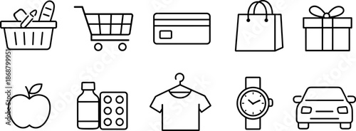 Shopping and e-commerce icons set. Cart, payment, gift, delivery outline vector symbols