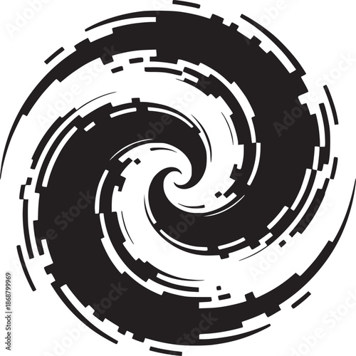 Abstract spiral design with black and white geometric shapes creating a vortex effect on white background