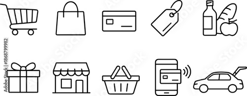 Shopping and e-commerce icons set. Cart, payment, gift, delivery outline vector symbols