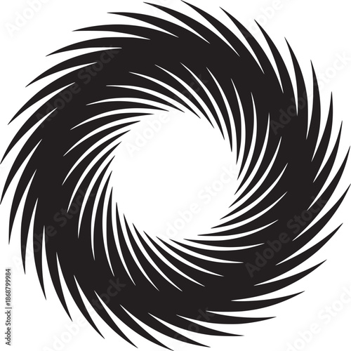 A graphic design of a black and white spiral with sharp edges creating a vortex like appearance