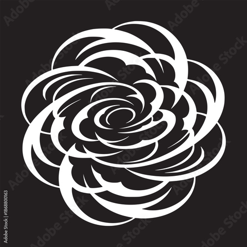 Abstract white swirling design on black background resembling a stylized flower or vortex shape