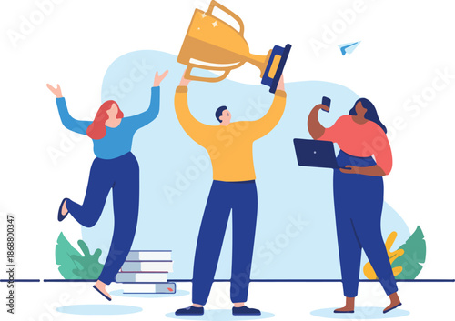 Team winners trophy - Business people celebrating and cheering with the best gold award. Successful teamwork concept, flat design illustration with white background