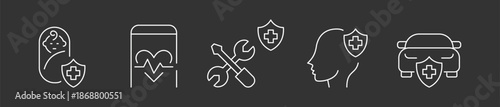 Verified Professional Insurance and Life Safety Management Icon Set, Minimalist Line Art Vector for Insured Newborn Care, Digital Heart Rate Monitoring, Secured Mechanical Engineering Repair.
