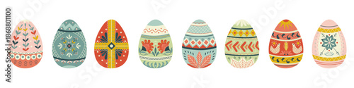 Set of Easter eggs in Scandi folk style with hand drawn ornamental patterns Decorative vector illustrations with textured details for holiday design, packaging, greeting cards, posters, seasonal decor