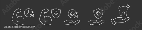 Professional Wellness and Specialized Medical Protection Icon Set, Minimalist Line Art Vector for 24-7 Fitness Support, Insured Bodybuilding Progress, Round-the-Clock Healthcare Monitoring, Verified 