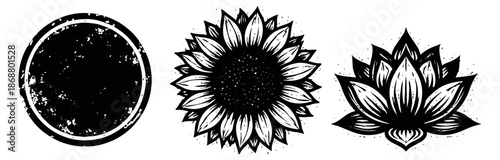 Distressed hand drawn floral and grunge elements set featuring a sunflower, lotus flower, and circular stamp for organic designs