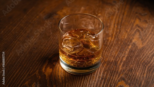 Whiskey Glass With Ice on Wooden Table in Dim Light