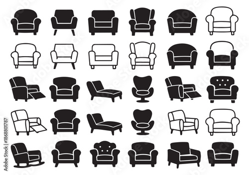 Minimalist furniture icon set featuring various armchairs, recliners, and lounge chairs for interior design concepts