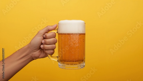 Hand Holding a Beer Mug With Foam Against a Yellow Background