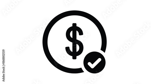Simple black and white icon depicting a dollar sign inside a circle with a checkmark