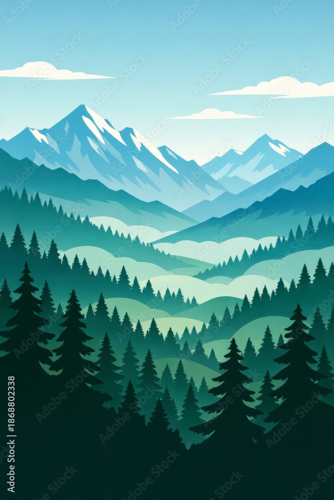 Fototapeta premium Tall, stylized view of deep pine forests guiding the eye to layers of misty, snowcapped peaks under a soft blue sky, perfect for posters, book covers, or travel branding.
