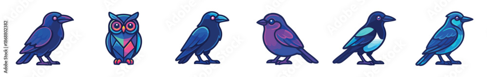 Fototapeta premium Set of six colorful bird illustrations including a crow, owl, and magpie in a vibrant cartoon style with bold outlines and a cool color palette