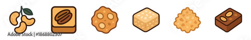 Set of six illustrated nut snack icons including cashews, pecan pastry, peanut brittle, nougat, and a chocolate brownie in a simple, flat cartoon vector style for food concepts