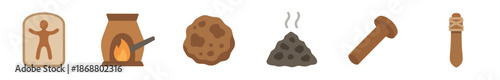 Set of six flat icons representing ancient metalworking and civilization with a forge, ore, coal, nail, tool, and a sarcophagus figure in a minimalist style