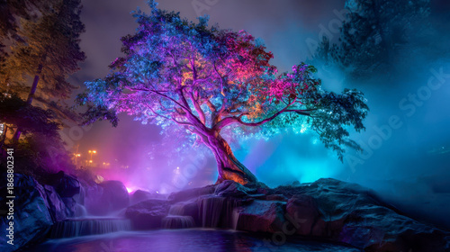 A bioluminescent tree illuminated by neon blue and purple light from a misty waterfall creates a magical nighttime forest landscape with a futuristic, fantasy atmosphere
