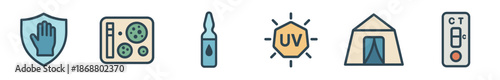 Set of colorful filled outline icons representing pandemic response, health, and safety concepts like protection, lab testing, vaccine, UV disinfection, emergency shelter, and rapid diagnostics