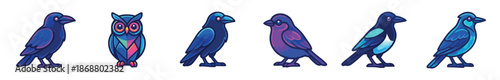 Set of six colorful bird illustrations including a crow, owl, and magpie in a vibrant cartoon style with bold outlines and a cool color palette