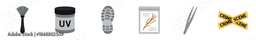Set of forensic science investigation icons including a fingerprint brush, UV powder, shoeprint, evidence bag, tweezers, and crime scene tape in a simple flat vector illustration style