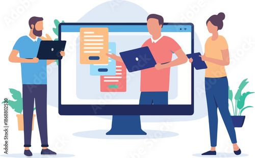 Online presentation meeting - People communication online having business meeting and workshop together remotely in office at work. Flat design vector illustration with white background.